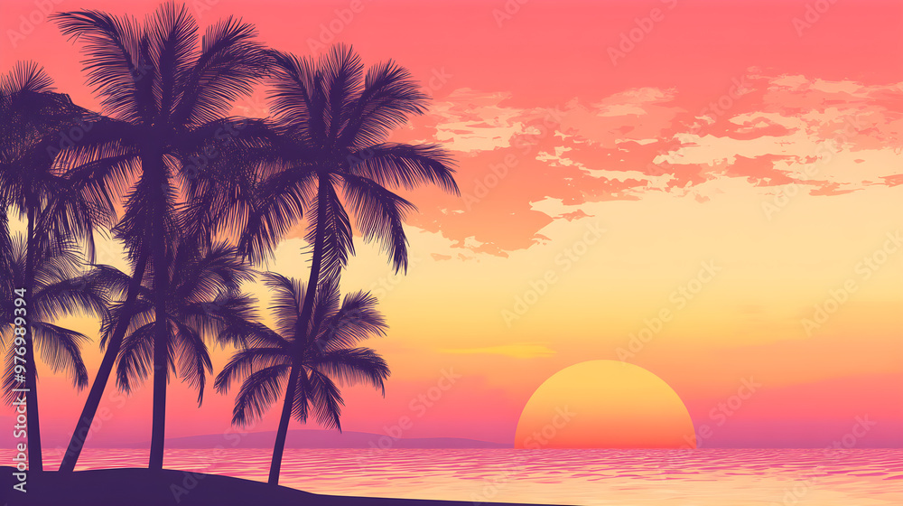 Obraz premium A beautiful beach sunset with soft pink and orange hues illuminating the sky and reflecting on the water, silhouetting palm trees against a serene backdrop