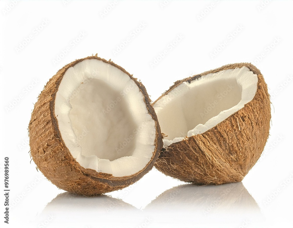 Rough coconut broken half pieces isolated on white background. Rough coconut broken half pieces isolated on white background.