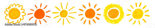 Vector illustration collection of childlike drawings of sun with rays