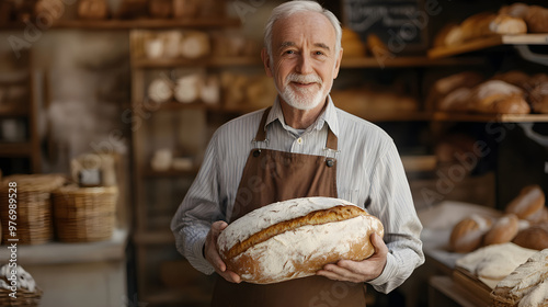 A confident elderly Caucasian male baker smiles while holding a freshly baked bread loaf in a warm, inviting bakery setting
