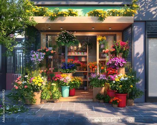 A charming flower shop storefront adorned with vibrant blooms and greenery. Sunlight bathes the scene, creating a welcoming atmosphere.