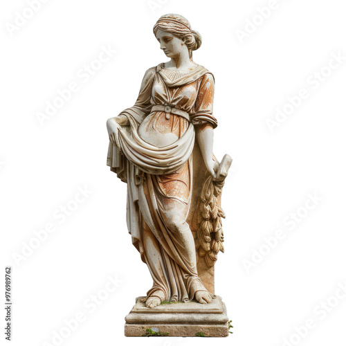 Full length weathered stone statue of woman wearing toga and sandals, holding drapery and flowers photo