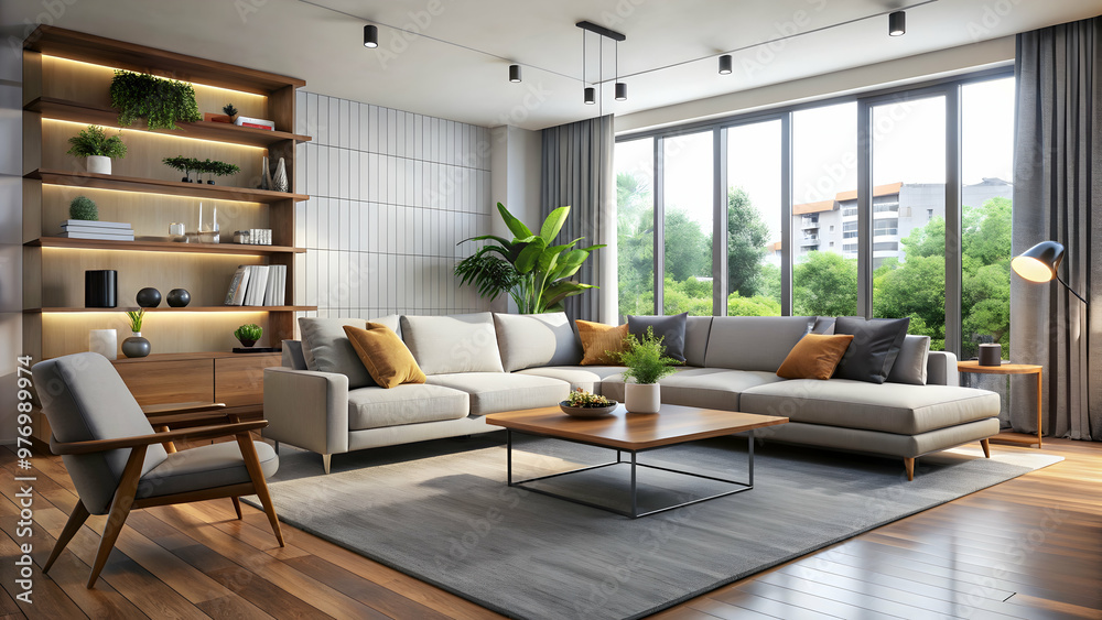 Modern living room interior with sleek furniture and minimalistic decor