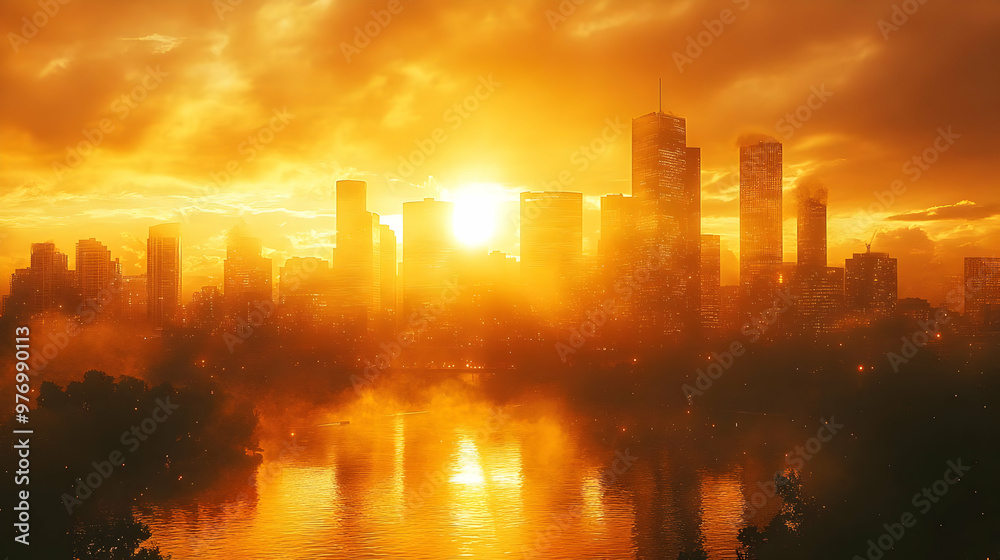 A vibrant cityscape silhouetted against a dramatic sunset, with a reflective water body in the foreground. A vibrant cityscape silhouetted against a dramatic sunset, with a reflective water body in the foreground.