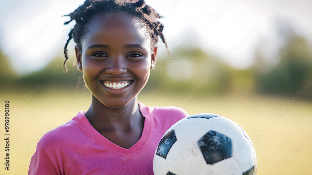 Smiling young african female athlete holding a soccer ball outdoors, expressing joy and confidence in her sport Smiling young african female athlete holding a soccer ball outdoors, expressing joy and confidence in her sport