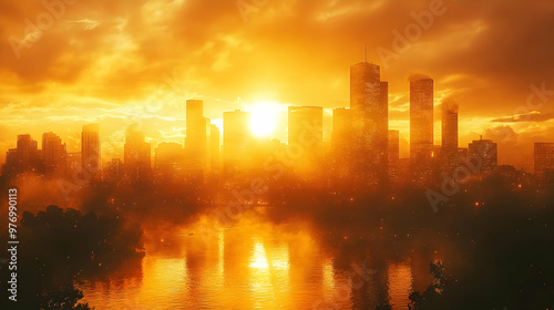A vibrant cityscape silhoue...