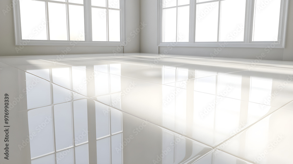 Smooth white ceramic tiles reflect soft light in a bright, airy room with large windows highlighting the serene atmosphere Smooth white ceramic tiles reflect soft light in a bright, airy room with large windows highlighting the serene atmosphere