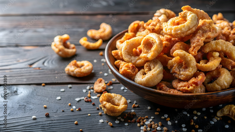 Crispy pork scratchings on background, pork scratchings, pork rinds, snack, crunchy, fried, crispy, salty Crispy pork scratchings on background, pork scratchings, pork rinds, snack, crunchy, fried, crispy, salty
