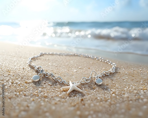 A delicate silver necklace adorned with a starfish charm, resting on sandy beach with gentle waves in the background. photo