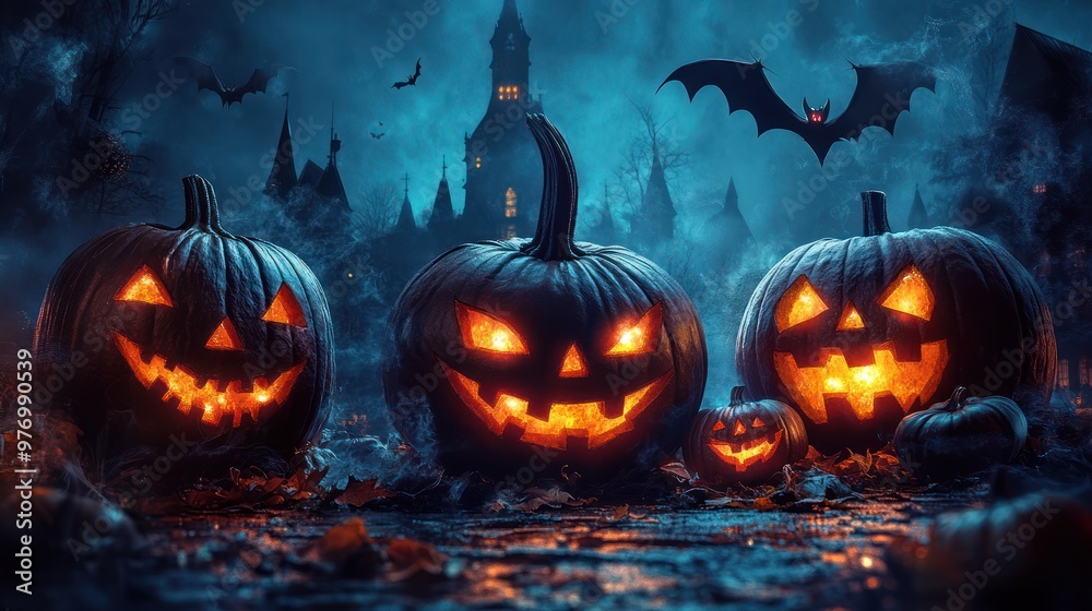 Spooky Halloween Jack o Lantern Pumpkins in Front of Haunted House Spooky Halloween Jack o Lantern Pumpkins in Front of Haunted House