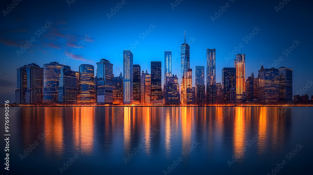 Obraz premium A vibrant cityscape skyline at twilight with illuminated skyscrapers reflecting in the water.