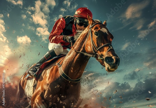 A jockey skillfully rides a brown horse as they compete in a race