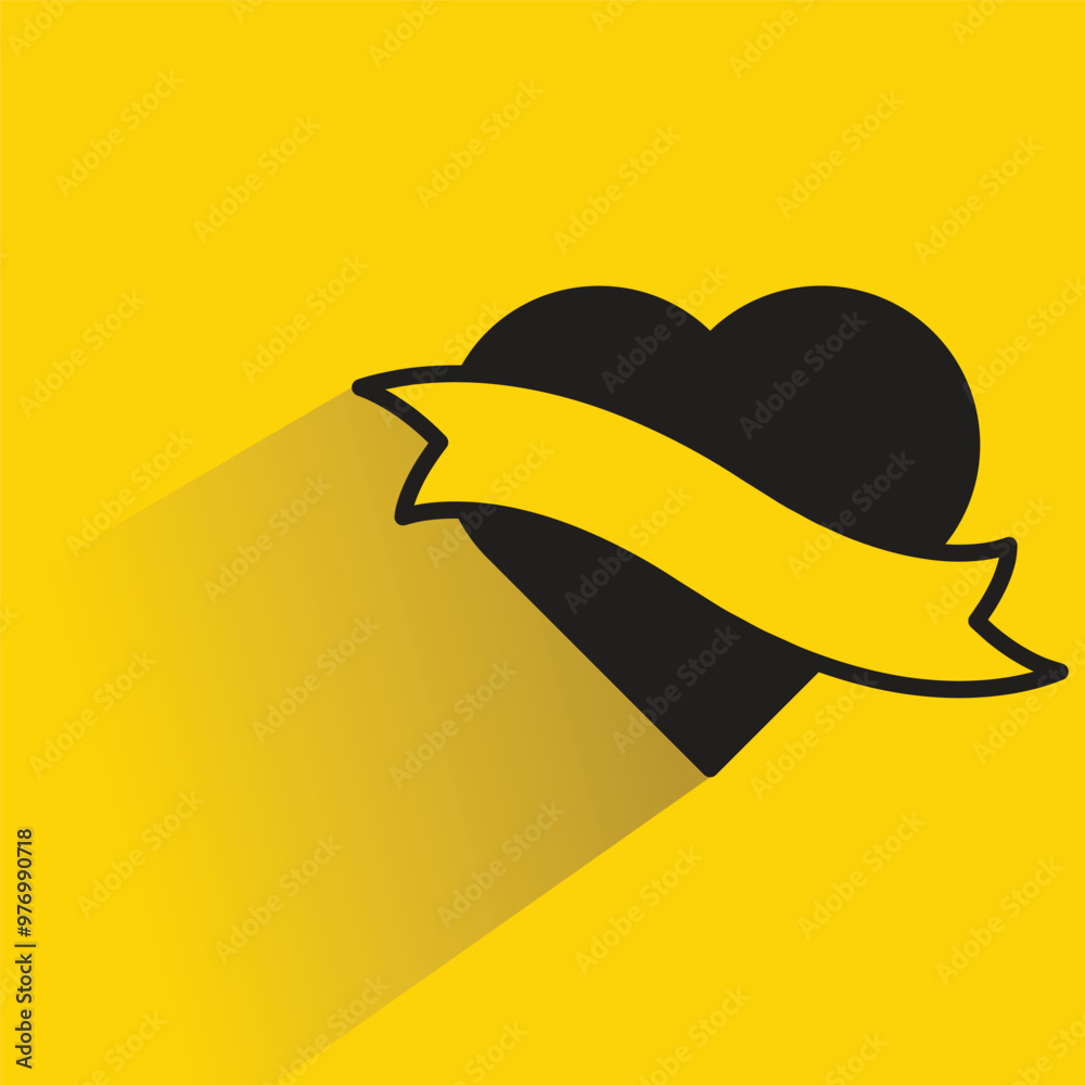 heart with ribbon badge with shadow on yellow background heart with ribbon badge with shadow on yellow background