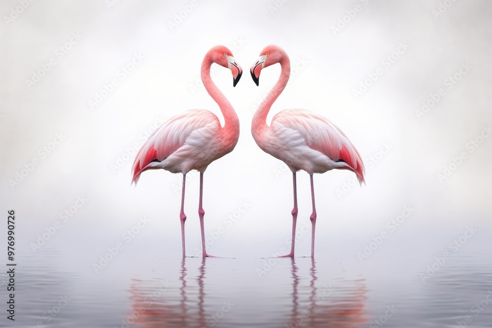 Pair of flamingos standing together in an urban pond, highlighting animals in pairs in unexpected habitats