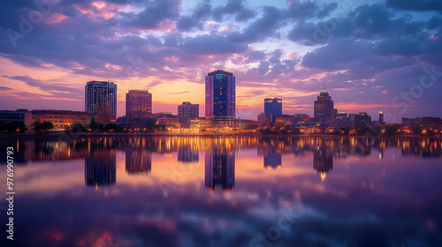 A vibrant cityscape skyline...