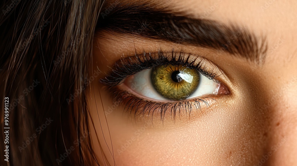Closeup of Green Eye with Long Eyelashes and Brown Hair