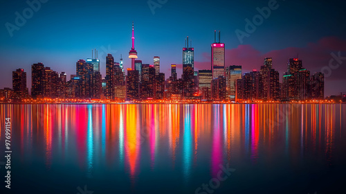 A vibrant cityscape skyline...