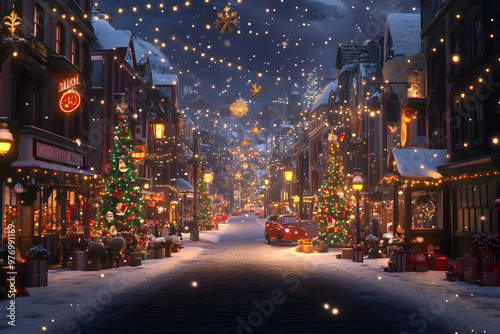 Festive street with Christmas trees and lights at night
