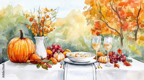Watercolor A cozy autumn table setting featuring harvest decor, pumpkins, grapes, and glasses of wine against a colorful fall backdrop.