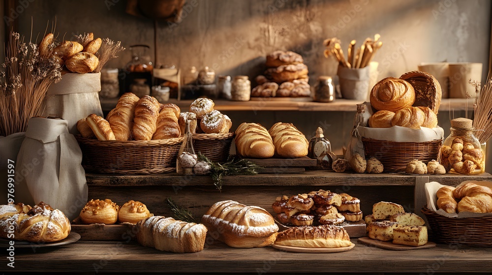 A rustic bakery scene featuring a variety of fresh baked goods, showcasing bread, pastries, and a warm, inviting atmosphere. A rustic bakery scene featuring a variety of fresh baked goods, showcasing bread, pastries, and a warm, inviting atmosphere.