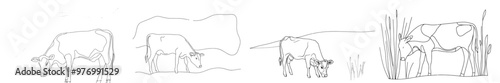 In a continuous line drawing style, a cow stands on a pasture and grazes on a white background. This minimalist illustration highlights the simplicity of the line art drawing style.