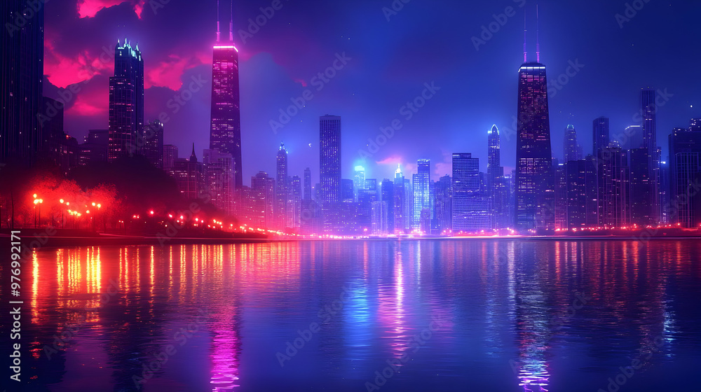 A vibrant cityscape with glowing skyscrapers reflected in the water, creating a captivating nighttime scene with a dramatic pink and blue sky. A vibrant cityscape with glowing skyscrapers reflected in the water, creating a captivating nighttime scene with a dramatic pink and blue sky.