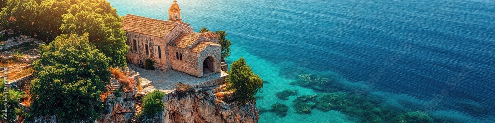 Fototapeta premium Sunlit Latin church on cliff overlooking clear blue sea and verdant plains
