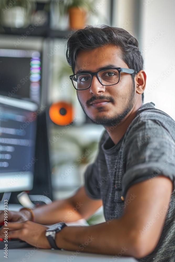 Fototapeta premium Software developer working at a desk in a tech office