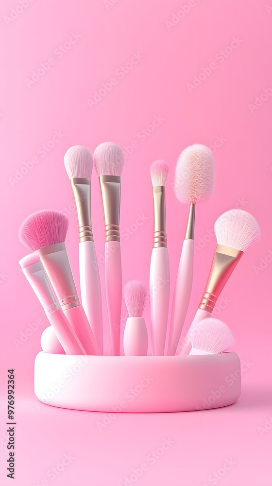 A stylish collection of makeup brushes in soft pink tones, elegantly displayed in a chic holder against a pastel background. A stylish collection of makeup brushes in soft pink tones, elegantly displayed in a chic holder against a pastel background.