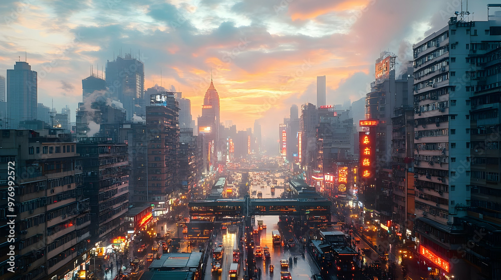 Obraz premium A vibrant cityscape with towering skyscrapers, busy streets, and a stunning sunset sky.