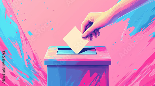 A hand is putting a white piece of paper into a box. The box is pink and blue