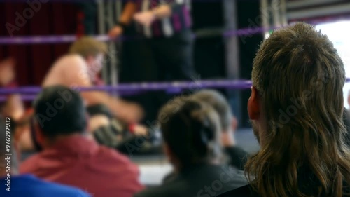 Wallpaper Mural A group of spectators watching an intense wrestling match, with the action unfolding in the ring as one wrestler pins another. Torontodigital.ca