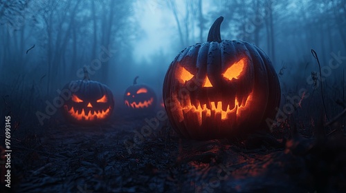 Glowing Jack-o'-lantern in a Foggy Forest at Night