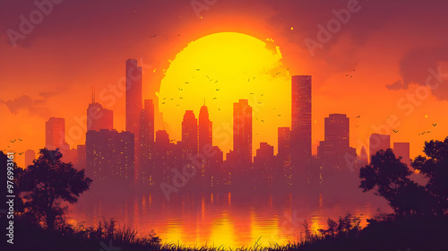 A vibrant orange sunset over a city skyline with birds flying across the sky.