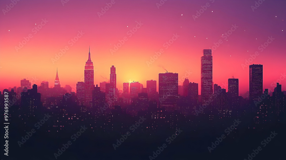 A vibrant pink and purple sunset illuminates the skyline of a city with tall buildings and twinkling lights.