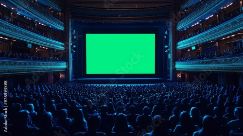 An audience watches a movie trailer while watching a video game tournament, a concert video, or a new blockbuster film on a mock-up green screen in a movie theater.