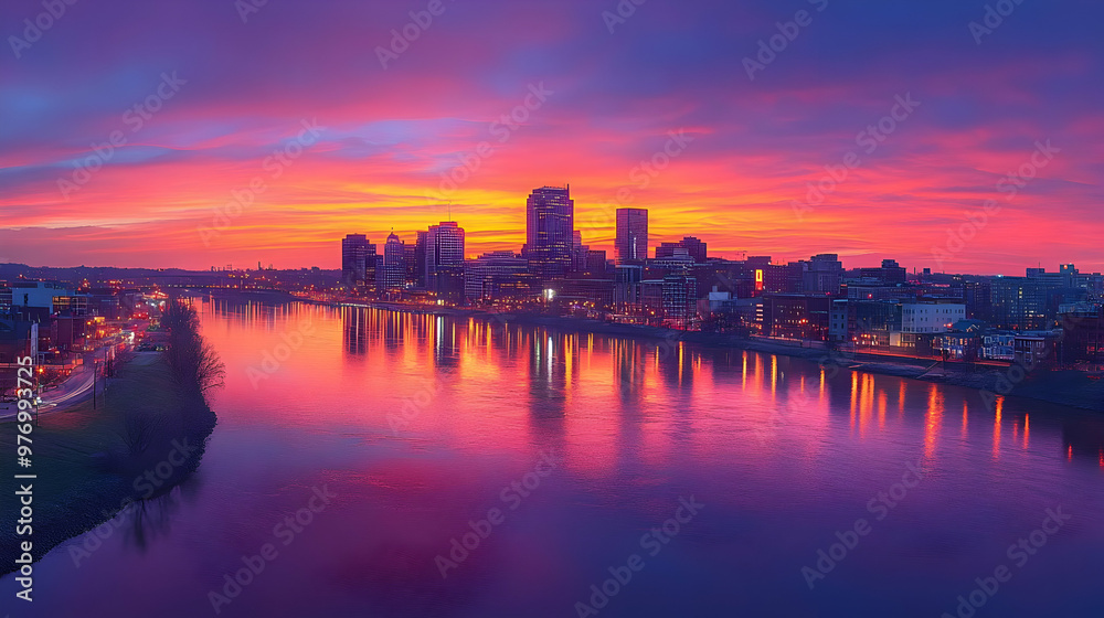Fototapeta premium A vibrant sunrise casts a colorful glow over a city skyline reflected in a river.