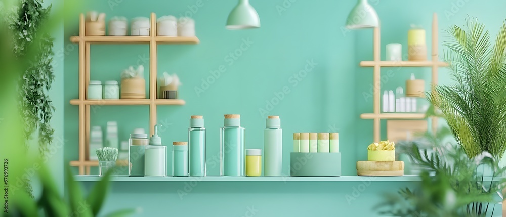 Bright and calming display of skincare products on mint green shelves, surrounded by fresh plants for a refreshing vibe. Bright and calming display of skincare products on mint green shelves, surrounded by fresh plants for a refreshing vibe.