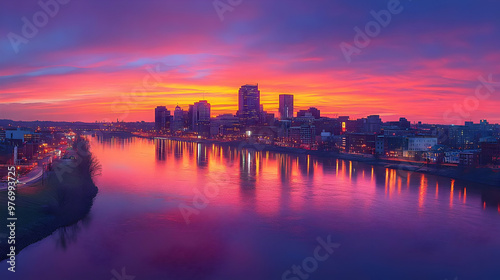 A vibrant sunrise casts a colorful glow over a city skyline reflected in a river.