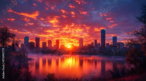 A vibrant sunrise casts a f...