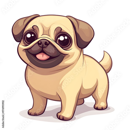 Cheerful Pug Puppy in Chibi Style with Wagging Tail on Pastel Colored Background