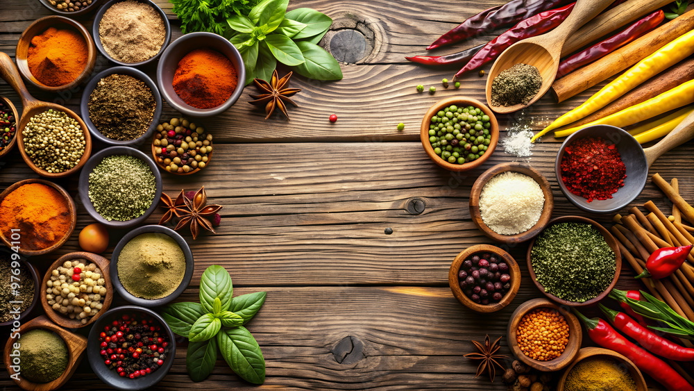Various spices and herbs on wooden table, seasoning, flavor, ingredients, cooking, culinary, kitchen, condiments Various spices and herbs on wooden table, seasoning, flavor, ingredients, cooking, culinary, kitchen, condiments