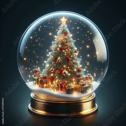 Shiny Christmas tree Snow Globe Generative ai