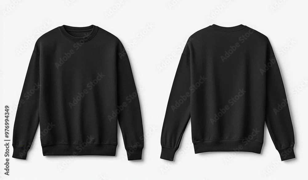An isolated white background shows an artwork mockup of a black sweater template with clipping paths and a hoodie for design mockups for print. An isolated white background shows an artwork mockup of a black sweater template with clipping paths and a hoodie for design mockups for print.