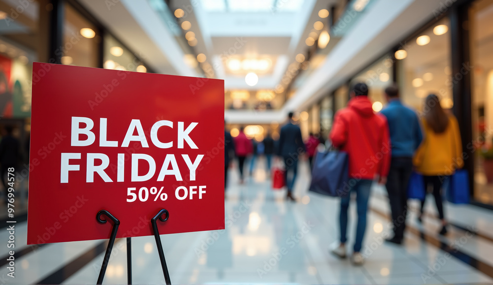 50% OFF red banner in shopping mall hall, people rushing with bags full of shopping during the Black Friday sales weekend 50% OFF red banner in shopping mall hall, people rushing with bags full of shopping during the Black Friday sales weekend