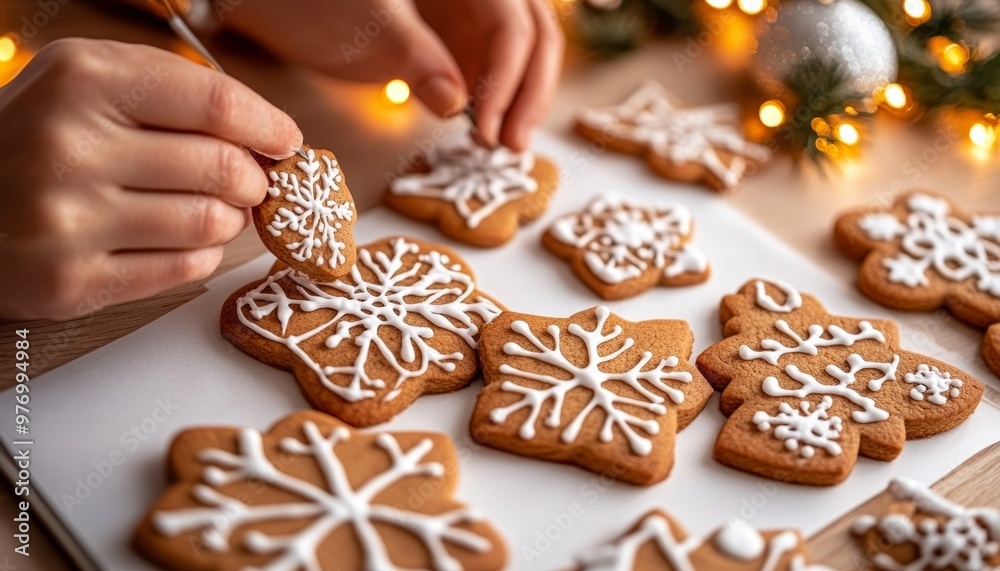 Creating Holiday Magic Detail of Hands Decorating Festive Gingerbread Cookies With Sparkling Lights Creating Holiday Magic Detail of Hands Decorating Festive Gingerbread Cookies With Sparkling Lights
