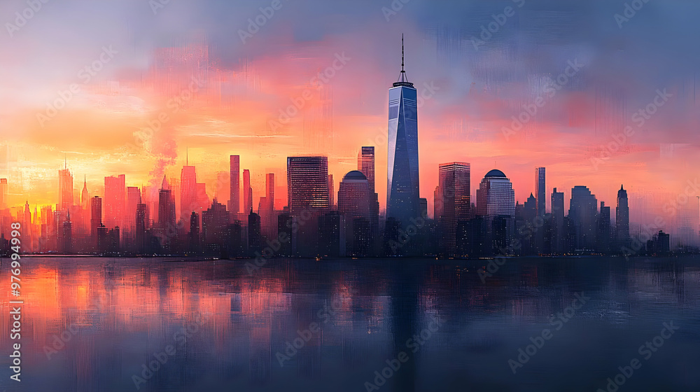Fototapeta premium A vibrant sunrise casts a warm glow over the New York City skyline, with the iconic Freedom Tower standing tall in the center.