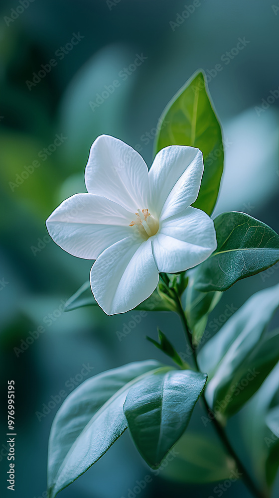 Obraz premium White flower close-up, soft natural light, macro photography, green foliage, minimalistic floral composition, peaceful nature scene, botanical beauty, delicate petals, elegant bloom