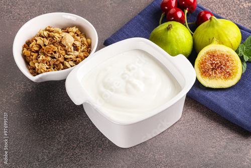 Traditional homemade Greek yoghurt with granola