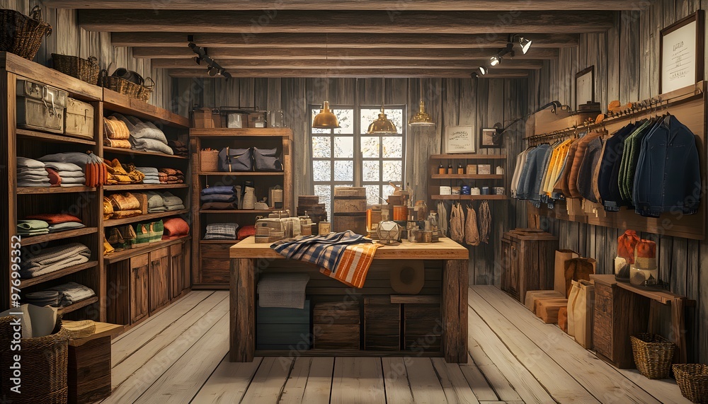 Cozy interior of a rustic shop showcasing neatly arranged textiles and garments, evoking warmth and craftsmanship. Cozy interior of a rustic shop showcasing neatly arranged textiles and garments, evoking warmth and craftsmanship.